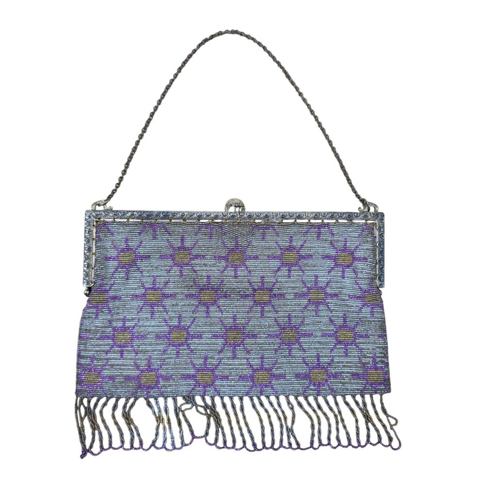 Antique French Micro Steel Bead Purse Vintage Metal Beaded Fringe Flapper Bag